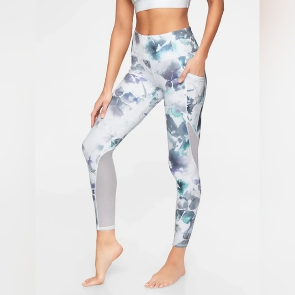 Athleta Pants - Athleta "Floral Mudra 7/8 Leggings" High Rise White Mesh Panel | Women's Size XS